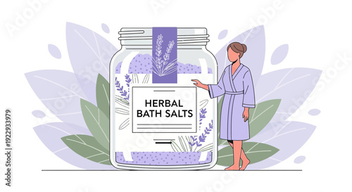 Woman in robe with large jar of herbal bath salts, spa and wellness concept