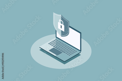 Cybersecurity or information technology (IT) security. Laptop computer with protective shield with a padlock inside symbolizing security and protection. Isometric vector illustration.