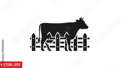 Cow Silhouette Standing Behind a Wooden Fence Vector Icon