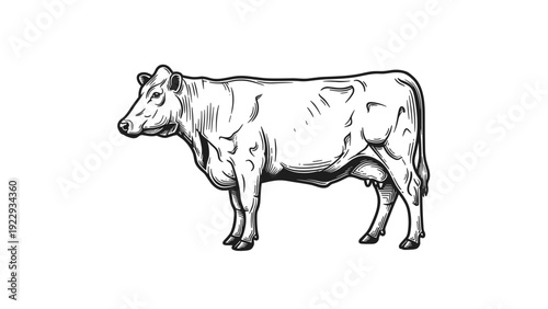 Vintage Engraved Cow Sketch Side View