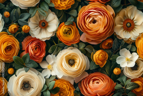 Colorful floral pattern with various blossoms and leaves in detail