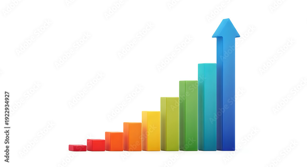 Fototapeta premium Colorful 3D bar chart growth concept with ascending rainbow columns isolated on transparent background