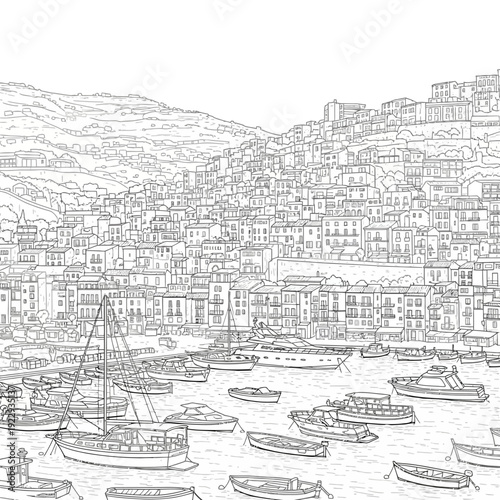 Detailed black and white illustration of a bustling harbor with numerous boats and a hillside town.