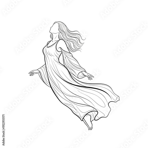 Graceful Woman Floating Upwards with Flowing Hair and Dress in Ethereal Line Art on Isolated White Background