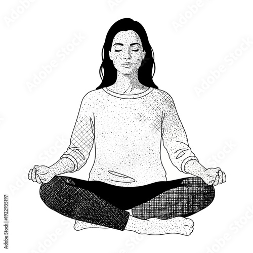 Peaceful young woman meditating in lotus position with eyes closed on isolated white background, embodying relaxation and mindfulness