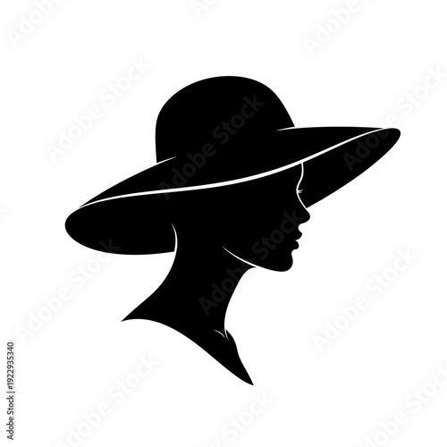 Mysterious and elegant woman wearing a large fashionable hat in profile silhouette, isolated white background.