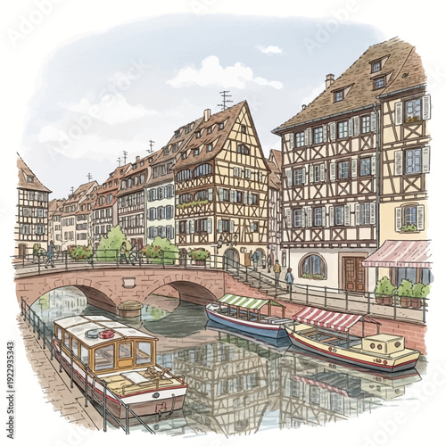 Traditional European half-timbered houses along a serene canal with boats.