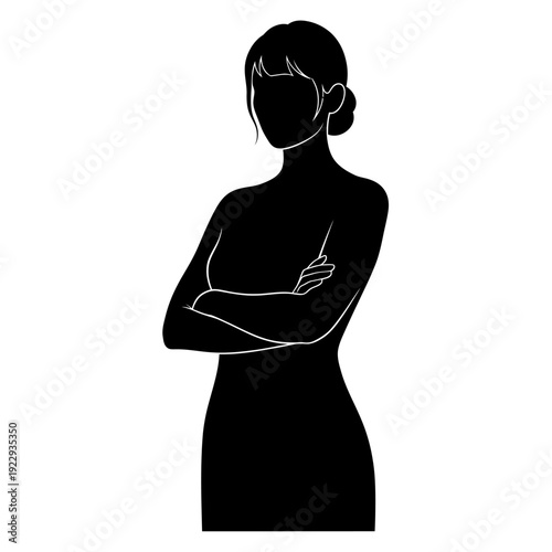 Elegant and confident woman standing poised with arms crossed, sophisticated silhouette, isolated white background.