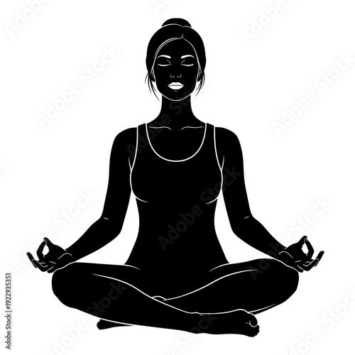 Peaceful woman meditating with closed eyes in a serene lotus yoga pose, isolated white background.