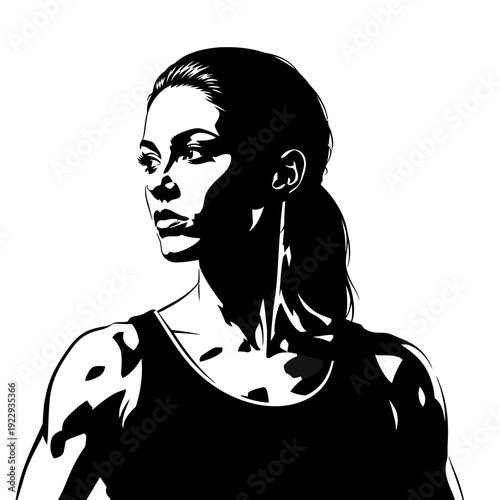 Strong and confident young woman with tied hair looking focused, isolated white background.