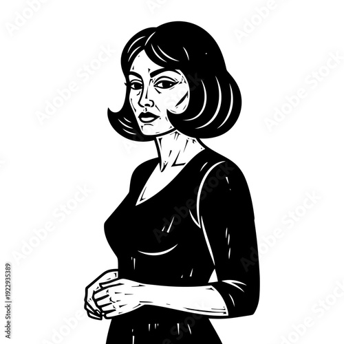 Calm and thoughtful mature woman standing with hands clasped, elegant and serious expression, isolated white background.