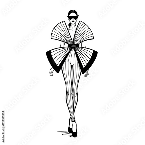 Stylish fashion model walking confidently in a unique couture outfit, isolated white background.