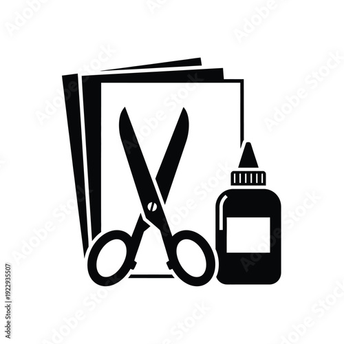Vector illustration icon black silhouette of scissors cutting paper with glue bottle