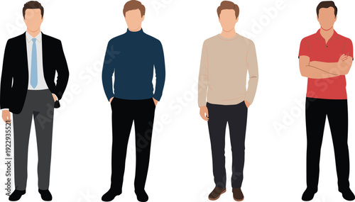 Male outfit character collection with business suit, turtleneck sweater, casual pullover and polo shirt flat vector illustration isolated on background