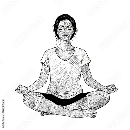 Peaceful woman meditating in lotus position with eyes closed, finding serenity on an isolated white background.