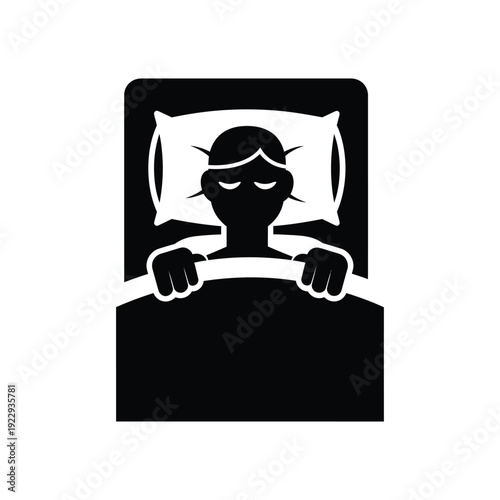 Vector illustration icon silhouette of a person sleeping peacefully in bed with a mask on their face