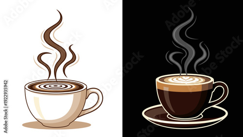 Hot Coffee In White And Black Cups With Steam