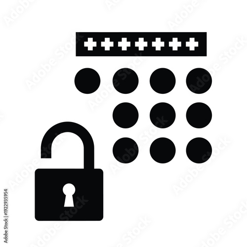 Vector illustration icon black padlock with open shackle and password grid