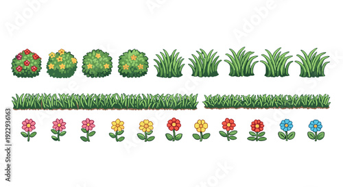 Colorful cartoon garden elements with hedges, grass, and flowers