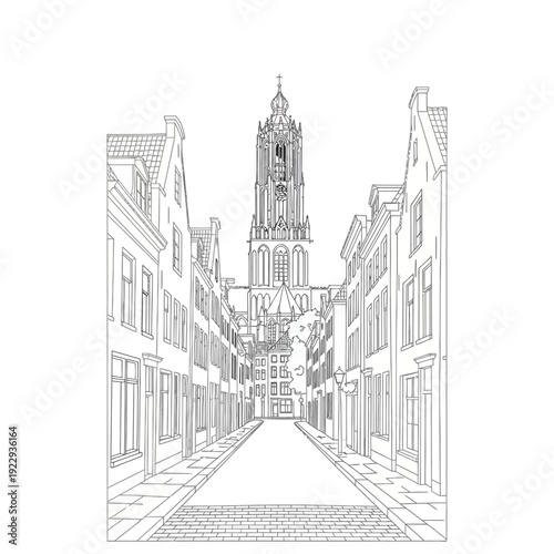 Detailed sketch of a European city street with historic buildings and a prominent church tower.