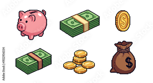 Retro pixel currency icons featuring piggy bank, coin stack, and cash stack