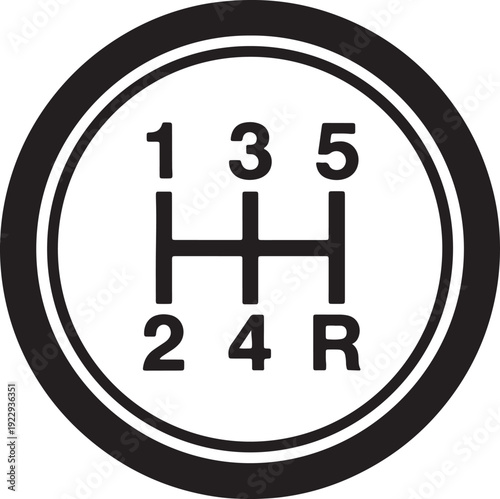 Black and white of a five speed manual transmission gear shift pattern inside a circle also transparent background