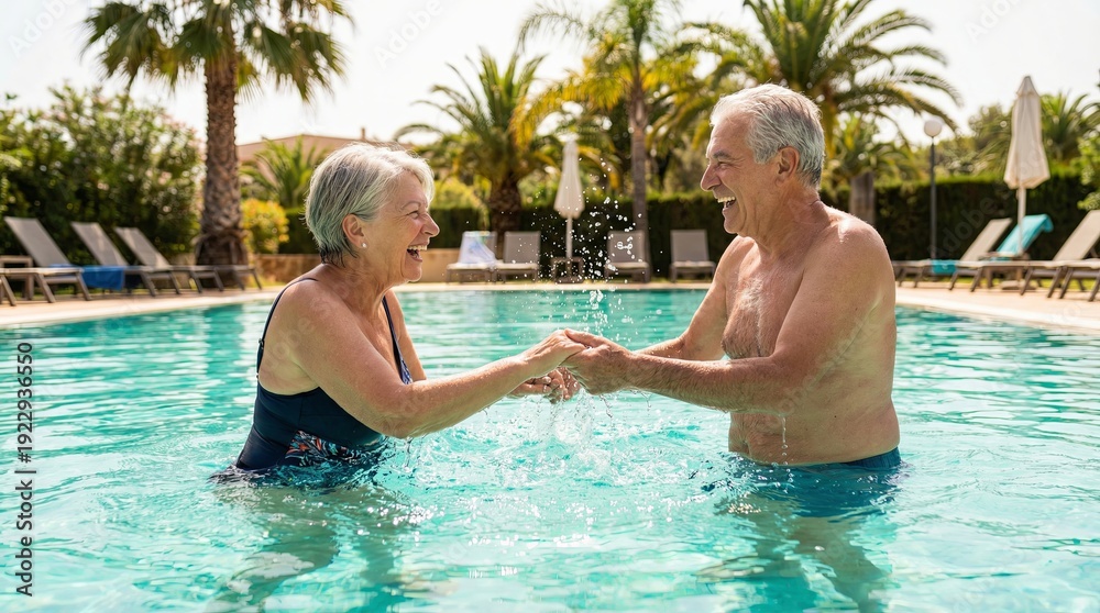 Fototapeta premium Happy Senior Couple Laughing and Splashing in Turquoise Swimming Pool Water on Vacation