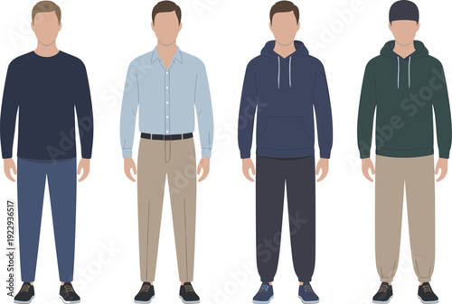 Men casual clothing set with sweater, button down shirt, hoodie and cap styles flat vector illustration isolated on background