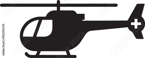 Black silhouette of a medical helicopter with a white cross on its tail rotor also transparent background