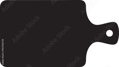 Black silhouette of a cutting board with a rounded handle and a hole also transparent background white