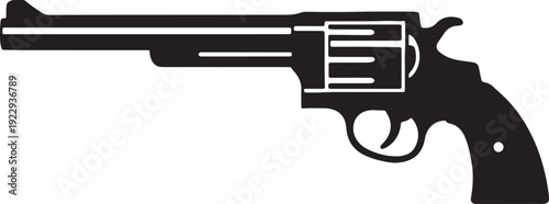 Black silhouette of a revolver handgun with white barrel and cylinder details on a white background also transparent background
