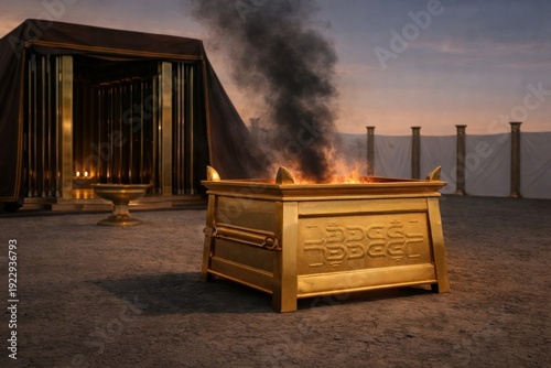 Golden altar before the tabernacle with rising smoke