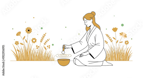 Woman in Kimono Preparing Matcha Tea in Nature, Traditional Japanese Ceremony