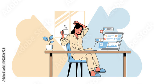 Woman in Pajamas Working on Laptop at Home, Drinking Coffee, Morning Routine
