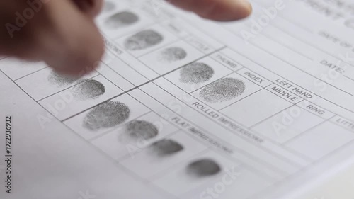 Close-up of fingerprinting process on an identification card. Biometric data collection, forensic analysis and personal identification used in law enforcement and security procedures.