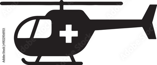 Black silhouette of a medical helicopter with a white cross on its side also transparent background air ambulance