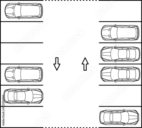 90 Degree Car Parking Layout Plan, Two Way Parking Arrangement, Top View Parking Floor Plan, Vector, Editable Stroke, Illustration