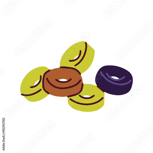 Five slices of assorted green, black, and brown olives in a pile. Pitted and cut vegetable pieces for illustrating pizza toppings, salad ingredients, and culinary recipes.