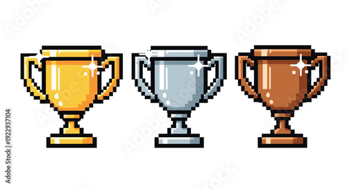 Retro pixel art trophy set featuring gold, silver, and bronze cups