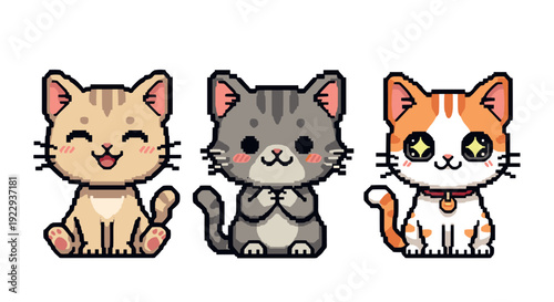 Adorable pixel art cats in kawaii style with cute expressions