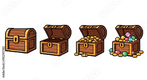 Wooden treasure chests with gold coins and gems in cartoon style