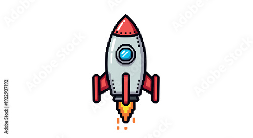 Pixel art rocket launch with retro style and bold colors