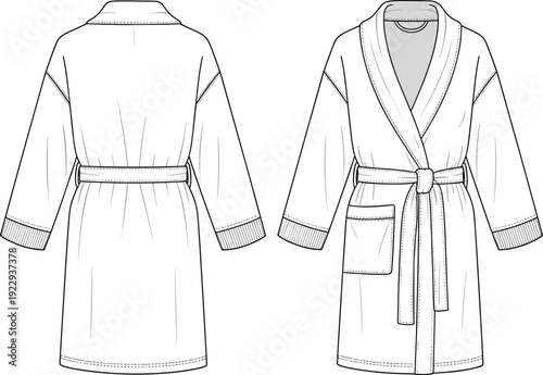 Bathrobe Fashion Flat Sketch, Terry Cloth Robe Technical Drawing Template in Vector Illustration