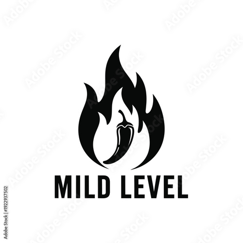 Vector illustration icon black logo of a chili pepper in flames with mild level text