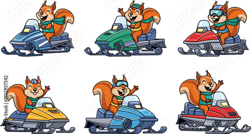 Cute Squirrel Character Riding Snowmobile Set, Winter Sports Mascot Illustration in Flat Cartoon Style