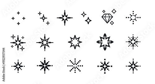 Minimalist pixel stars and diamonds set for modern design projects