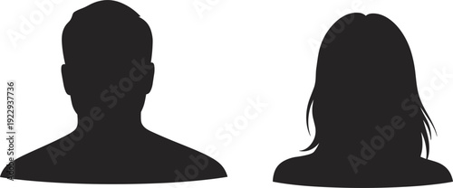 Male and Female Silhouette Icons on White Background Keywords: man, woman, male, female, silhouette, icon, profile, head