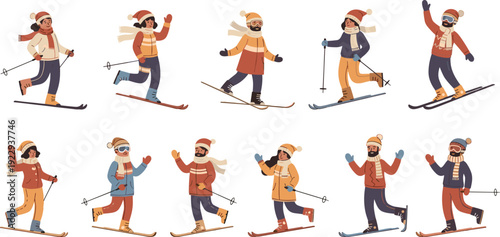 Flat Vector Characters Set of People Skiing and Enjoying Winter Outdoor Activities Isolated on White
