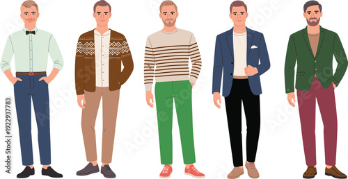 Men fashion character collection with casual shirt, patterned sweater, striped pullover and stylish blazer outfits flat vector illustration isolated on background