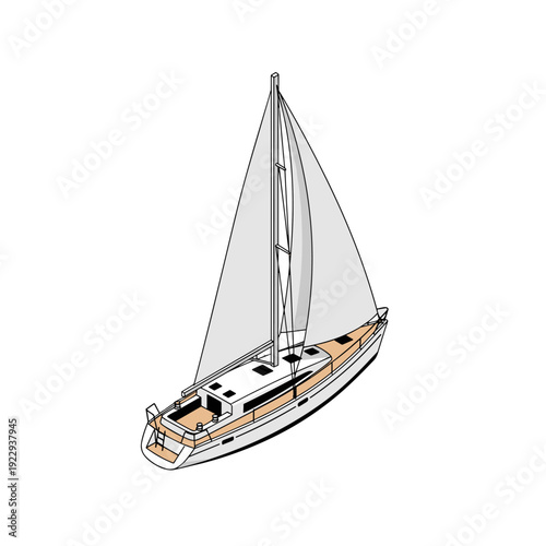 Isometric Vector Sailboat with White Sails Isolated on White Background